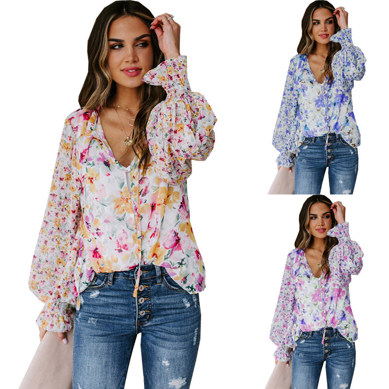 Women's Chiffon Loose Floral Pattern Fashion Lantern Blouses