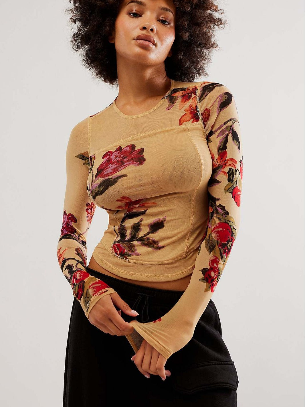 Mesh Digital Printed Flowers Slim Fit Long-sleeved Blouses