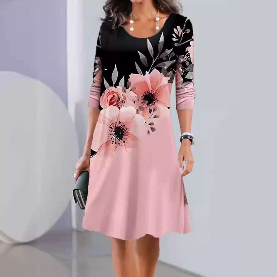 Print Long Sleeve Round Neck Mid-length Dresses