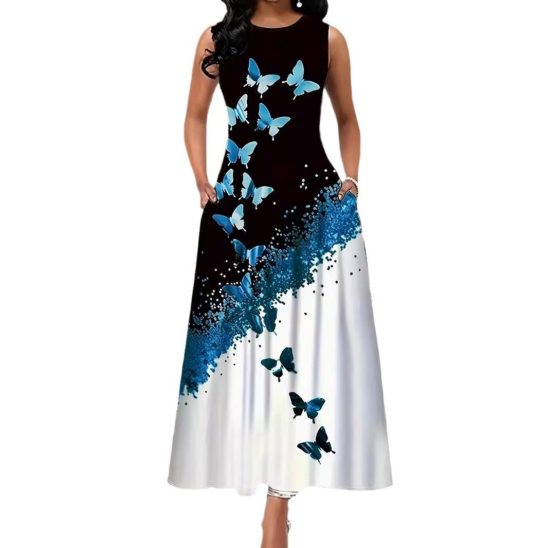 Women's Dress Butterfly Pocket Round Neck A- Dresses