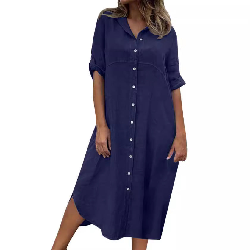 Solid Color Cotton Linen Shirt Dress Blouses