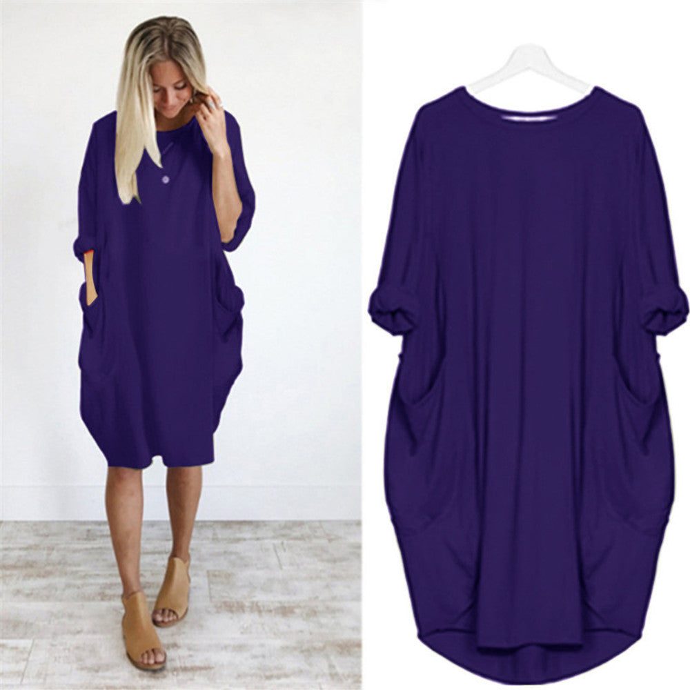 Women's Casual Loose Pockets Long Sleeve Full-figured Dresses