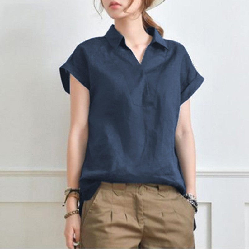 Women's Long Back Lapel Shirt Summer Linen Leisure Sleeve Shorts