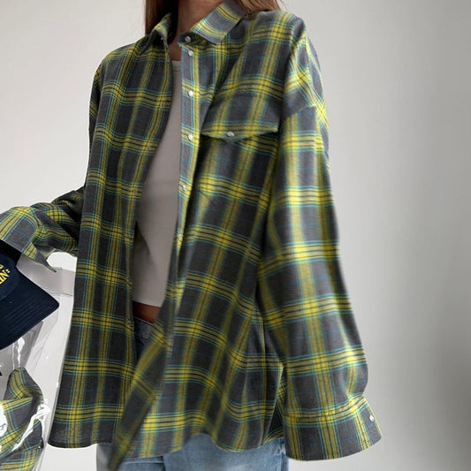 Women's Style Lapel Loose Shirt Autumn Plaid Blouses