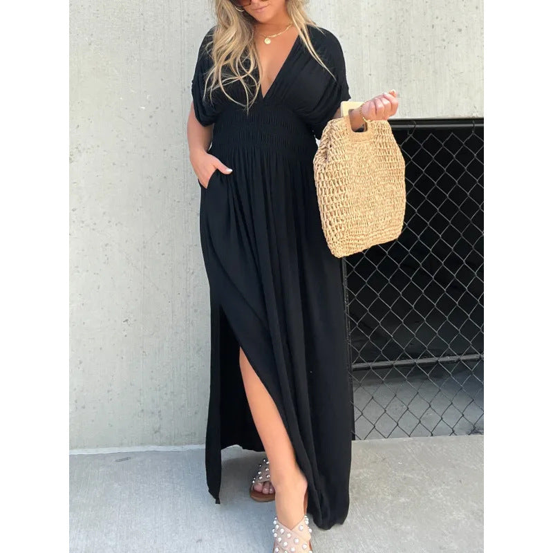 Summer Solid Color Bat Sleeve Elastic Dresses