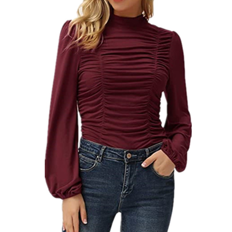 Women's Color Long Lantern Sleeve Turtleneck Pleated Slim Blouses