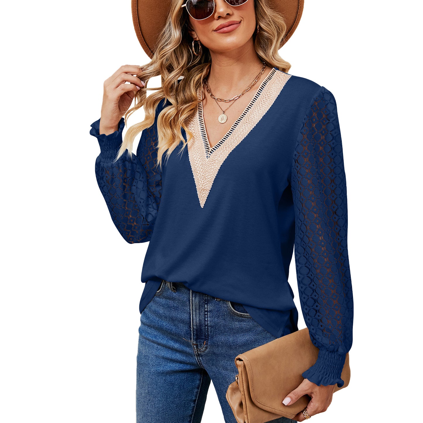 Women's Lace Patchwork Loose Long-sleeved T-shirt Blouses