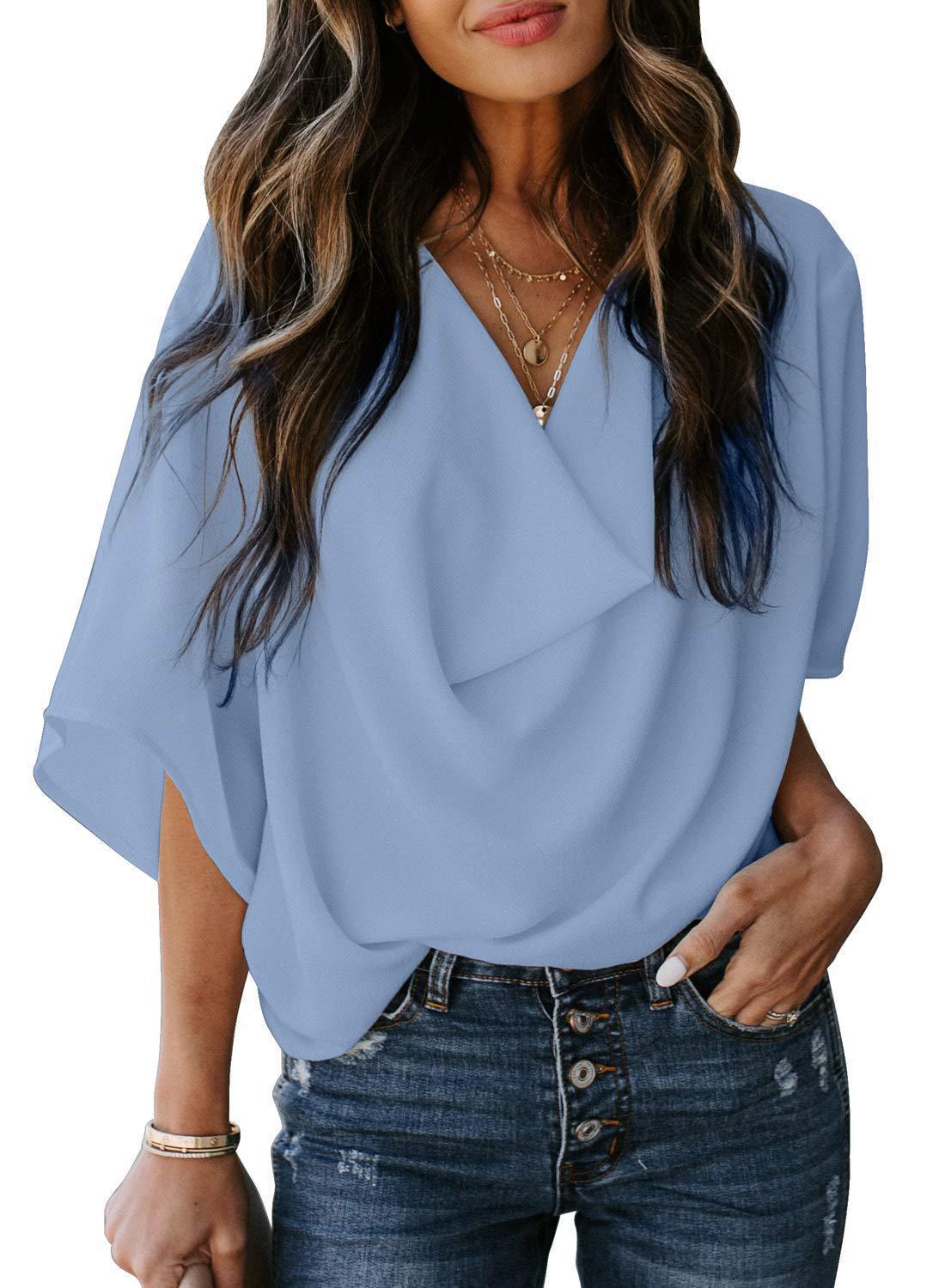 Damen Chiffon Locker V-Ausschnitt Lässige T-Shirt Bluse