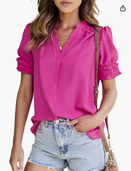 Women's New V-neck Short-sleeved Solid Color Blouses