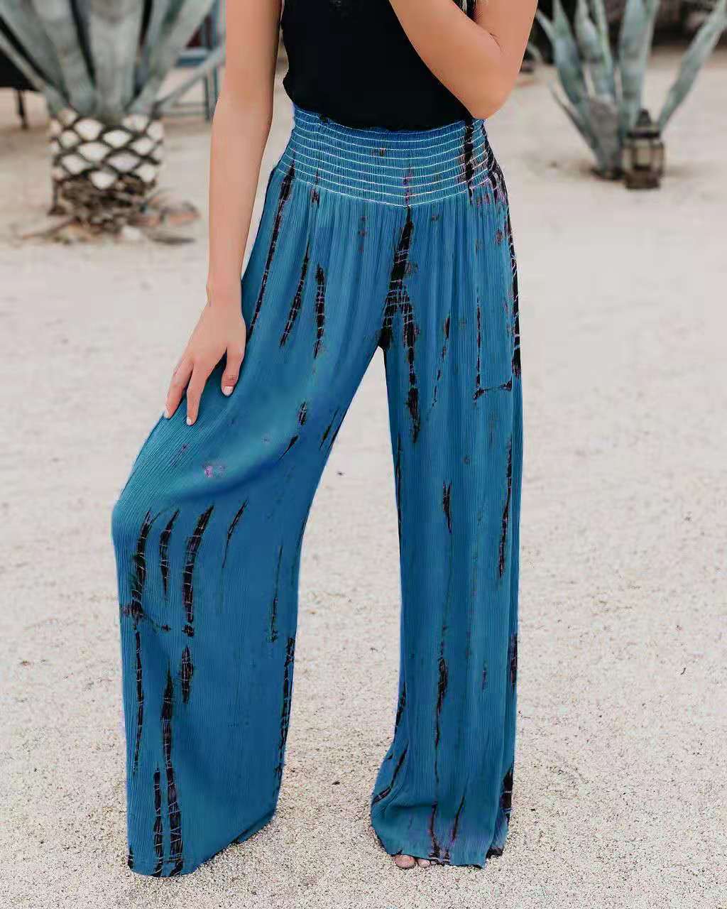 Fashion Elastic High Waist Pocket Wide Leg Pants