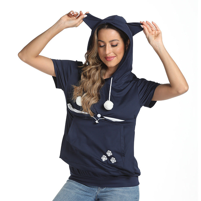 Large Pocket Sleeve Hooded T-shirt Fashion Tops