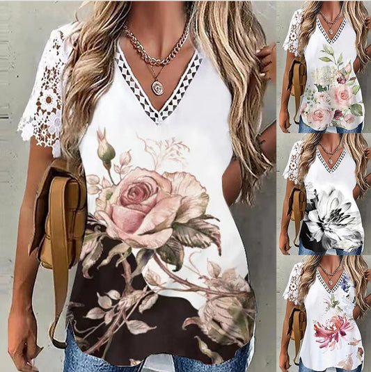 Women's Summer Sleeve Stitching Printing V-neck T-shirts Blouses