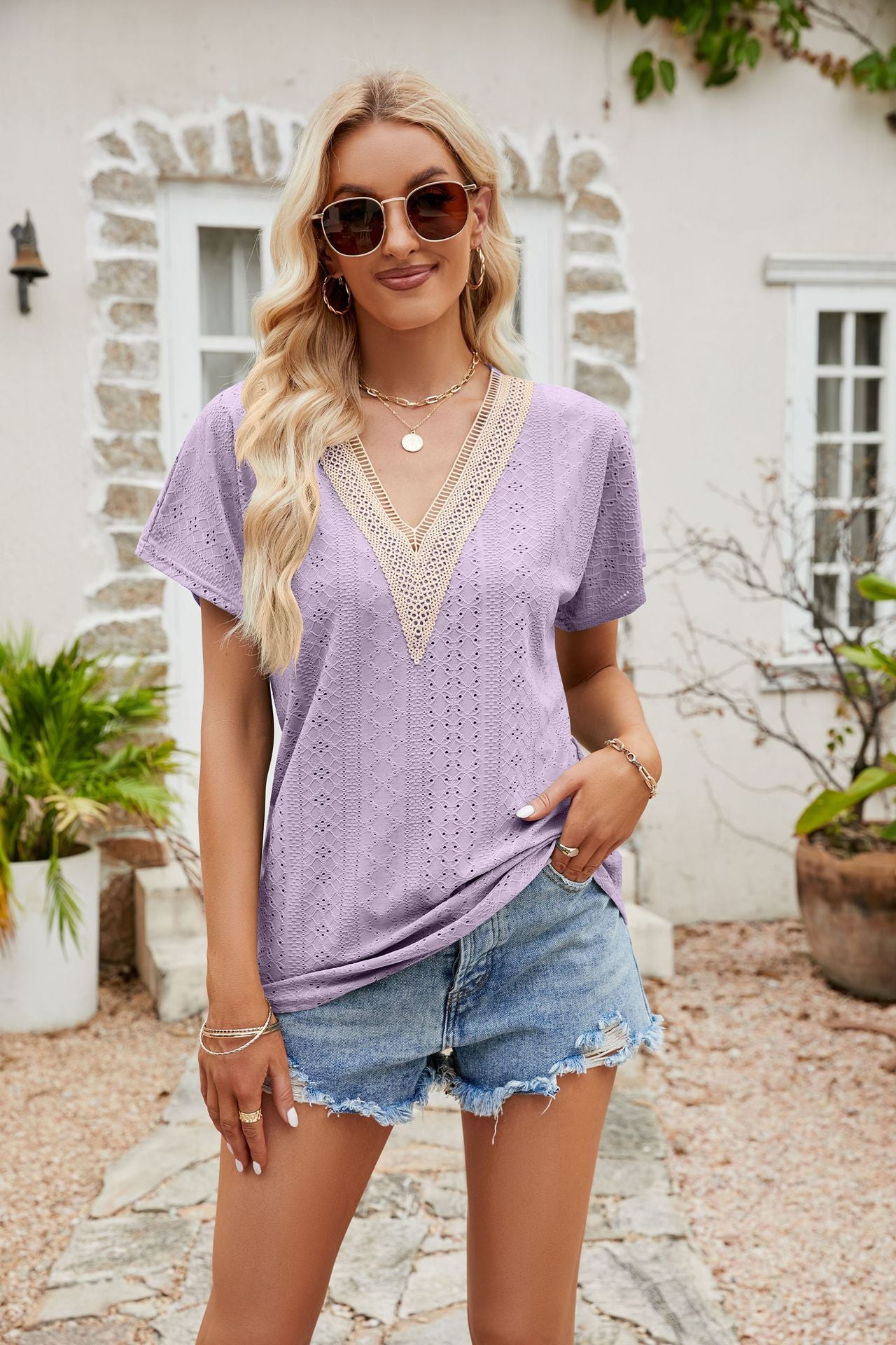 Women's Summer T-shirt Hole Stitching Lace Blouses