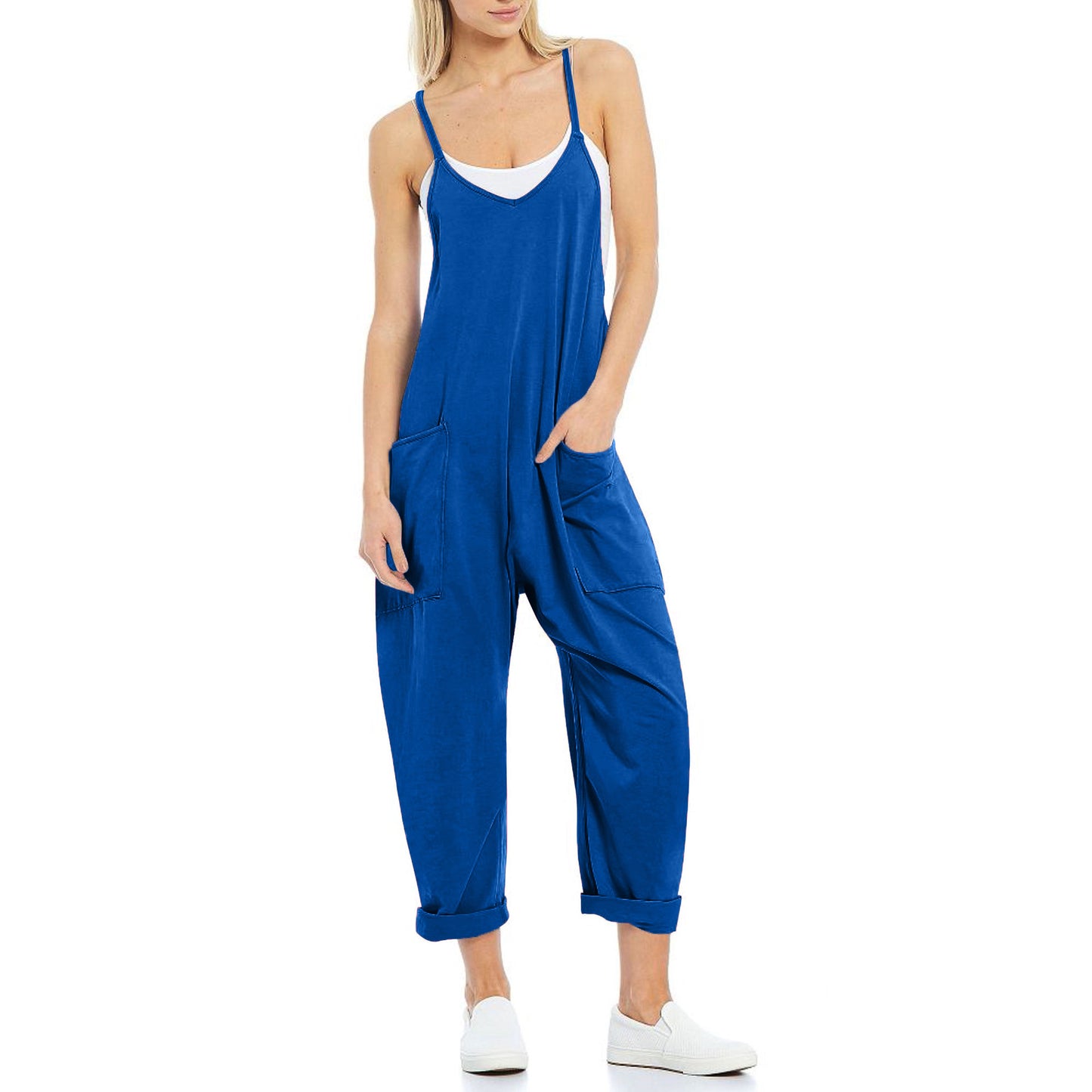 Women's Pocket Spaghetti Straps Knitted One-piece Trousers Jumpsuits