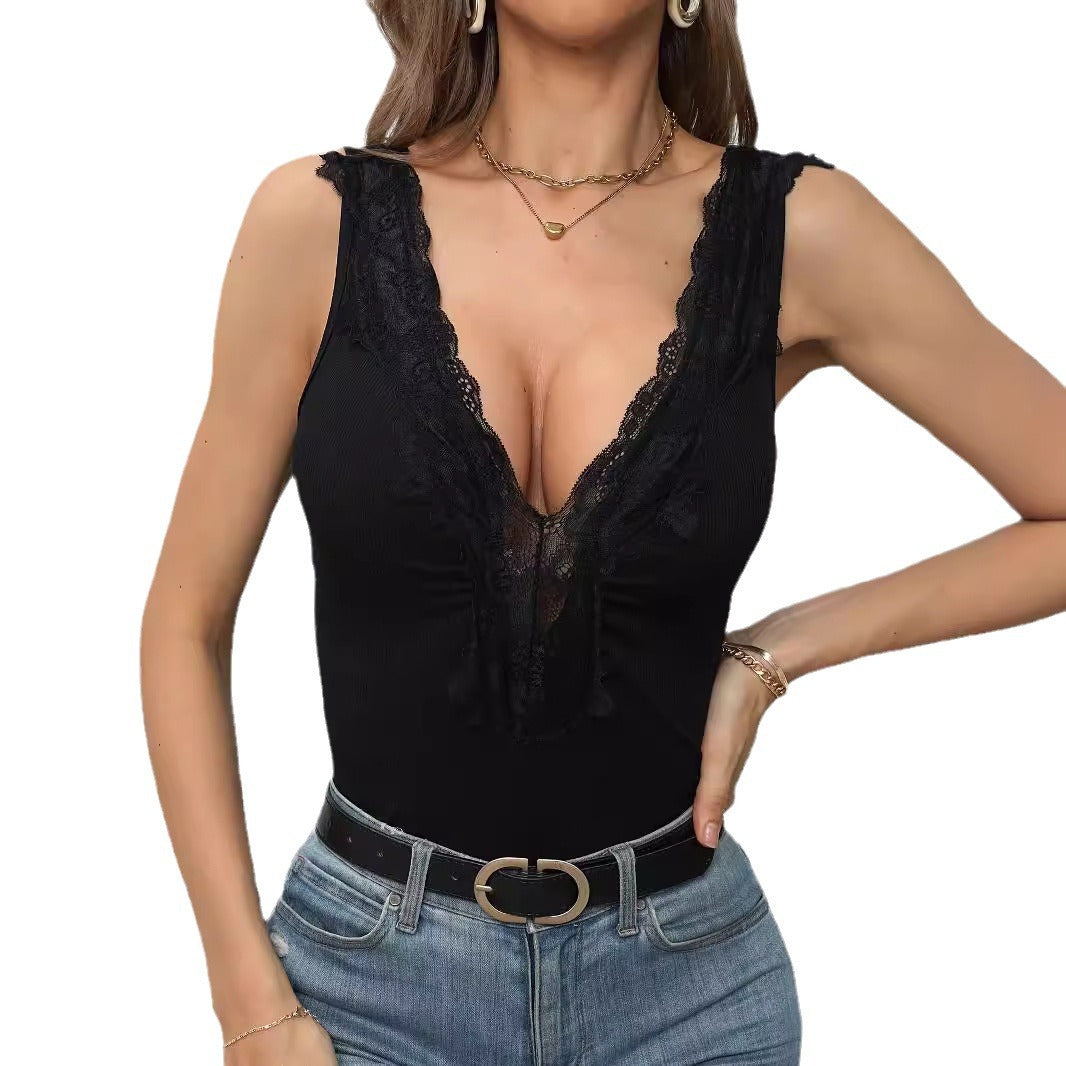 Damen Sommer Sexy Tiefes V-Ausschnitt Ärmelloses Schlankes Solide Tops