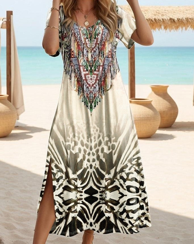 Summer Floral Print Slit Round Neck Dresses