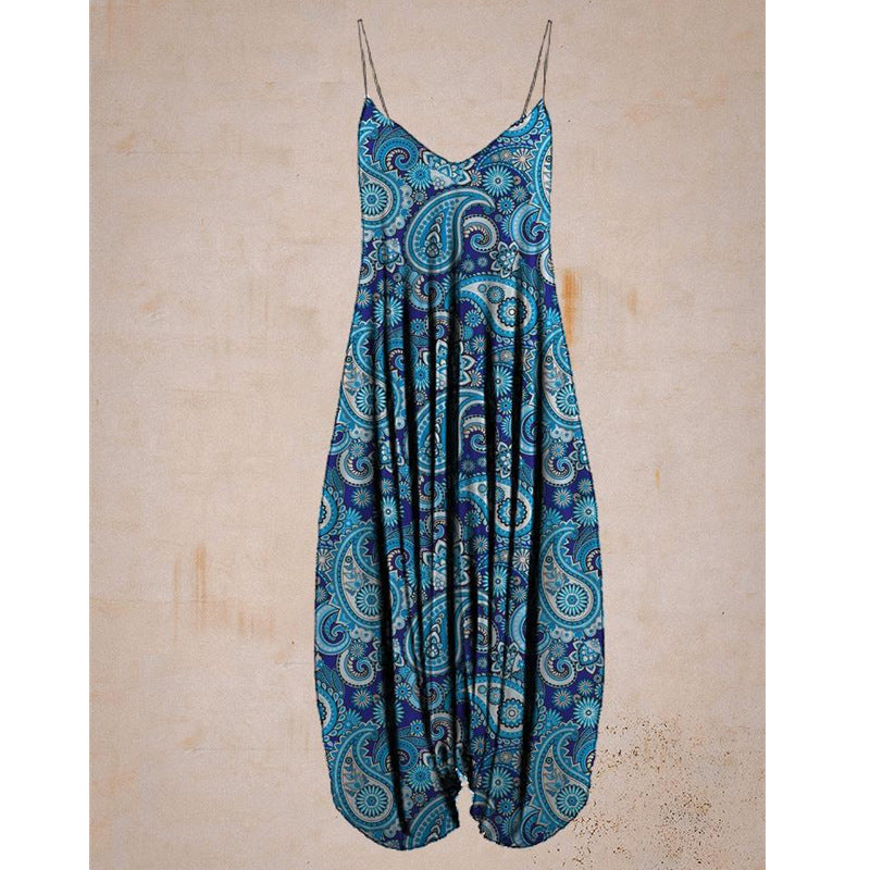 Schöner, lockerer Strand-Jumpsuit mit Print und Hosenträgern für Damen