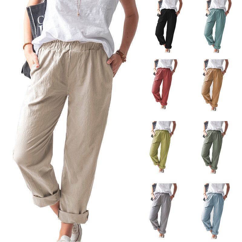 Pantalon en lin pour femme, pantalon haut élastique de couleur unie