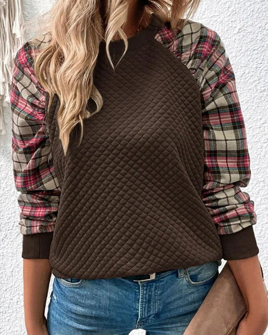 Women's Diamond Plaid Stitching Long Sleeve Crew Sweaters