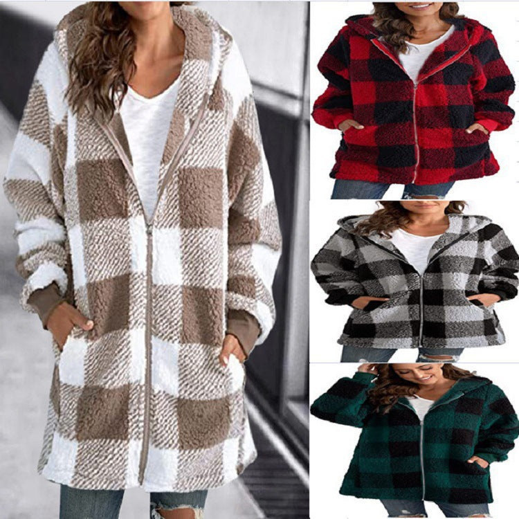 Women's Plush Long-sleeved Plaid Hooded Zipper With Sweaters