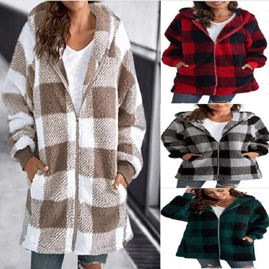 Women's Plush Long-sleeved Plaid Hooded Zipper With Sweaters