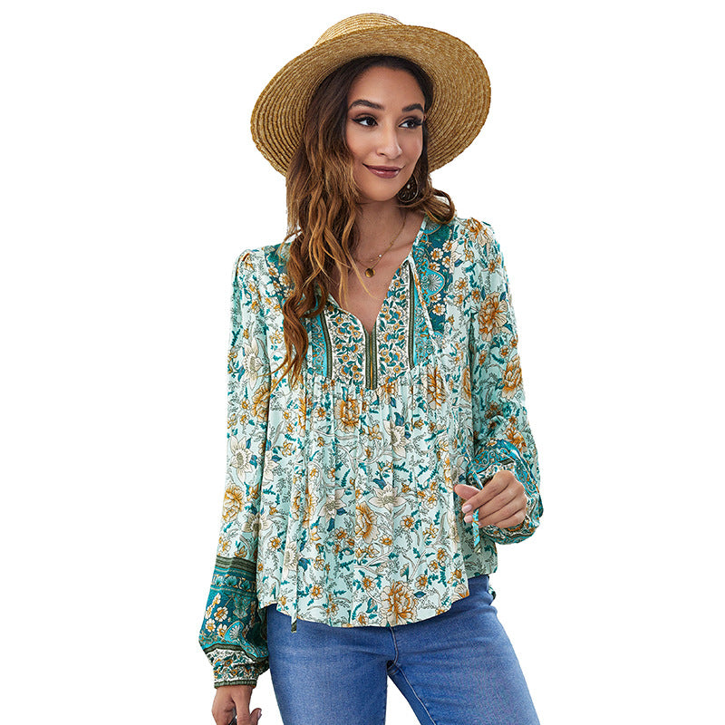 Spring Collar Printed Loose Lantern Long-sleeved Tops