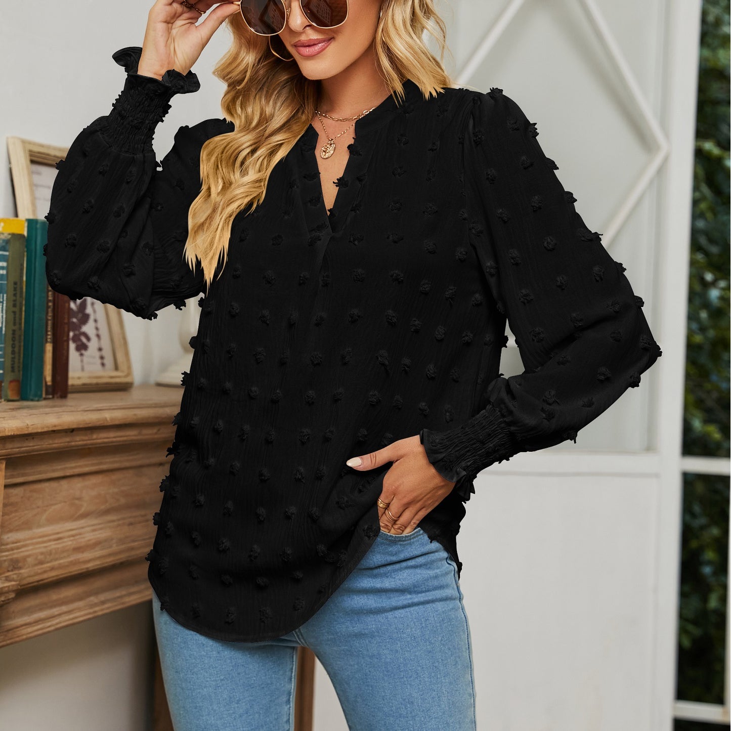 Women's Autumn Polka Dot Long-sleeved Bubble Sleeve Blouses