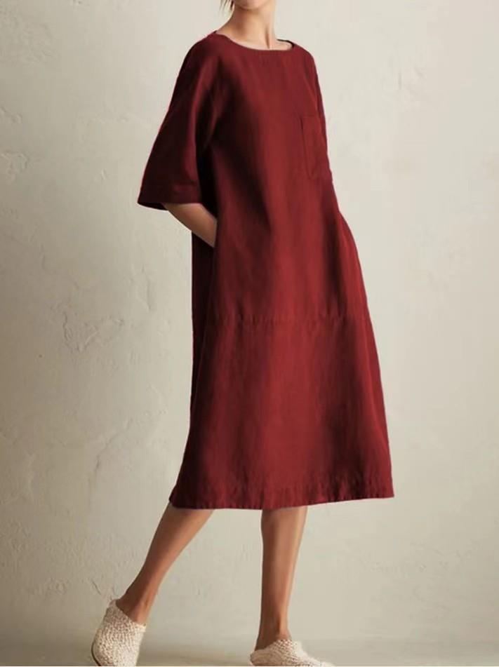 Solid Color Casual Round Neck Pocket Dresses