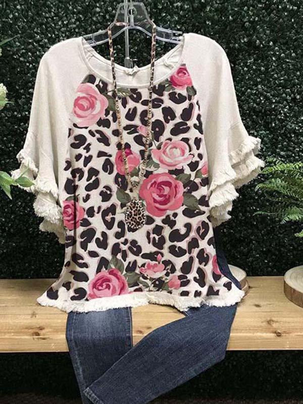 Women's Print Ruffled Sleeves Stitching Loose Sleeve Blouses