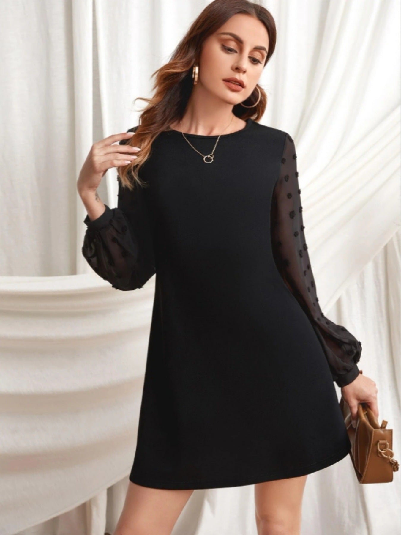 Women's Round Neck Long Sleeve Pure Color Mesh Dresses