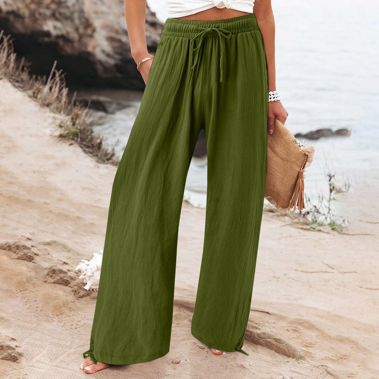 Elastic Casual Solid Color Trousers Wide Pants