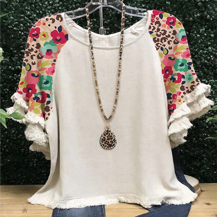 Women's Floral Ruffle Sleeve Round Neck Multicolor Blouses