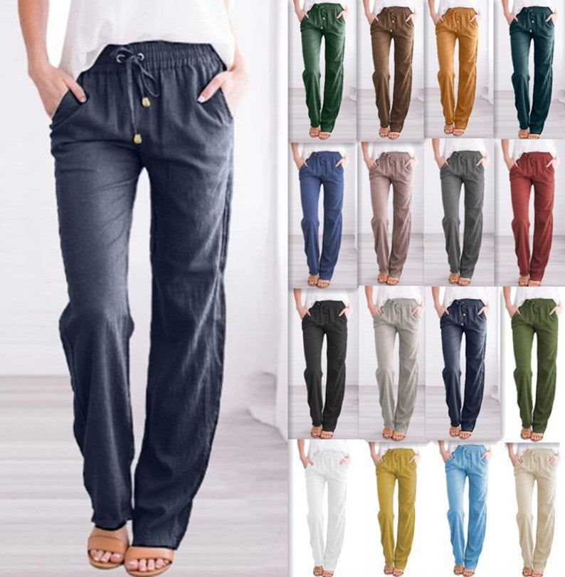 Pantalon ample à cordon de serrage en coton et lin de couleur unie pour femme