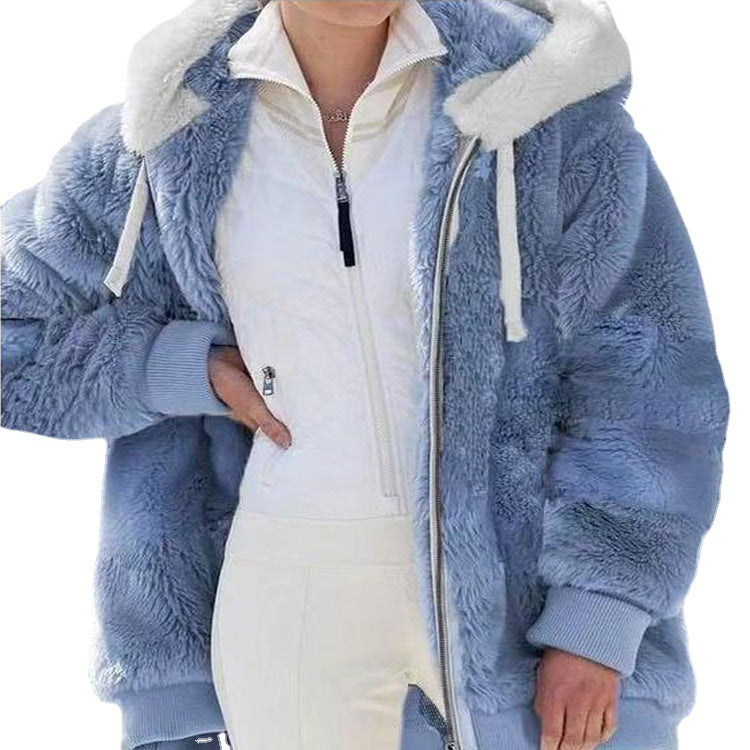 Classic Women's Loose Plush Zipper Hooded Sweaters