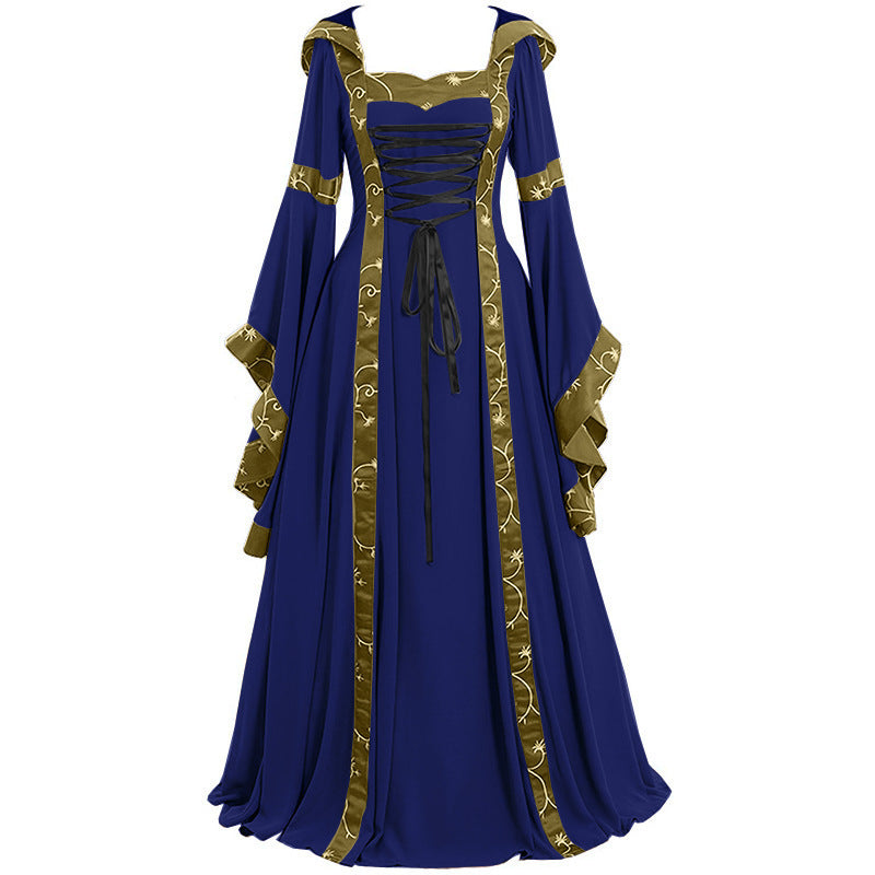 Medieval Retro Hooded Square Collar Solid Color Thin Lace Dresses