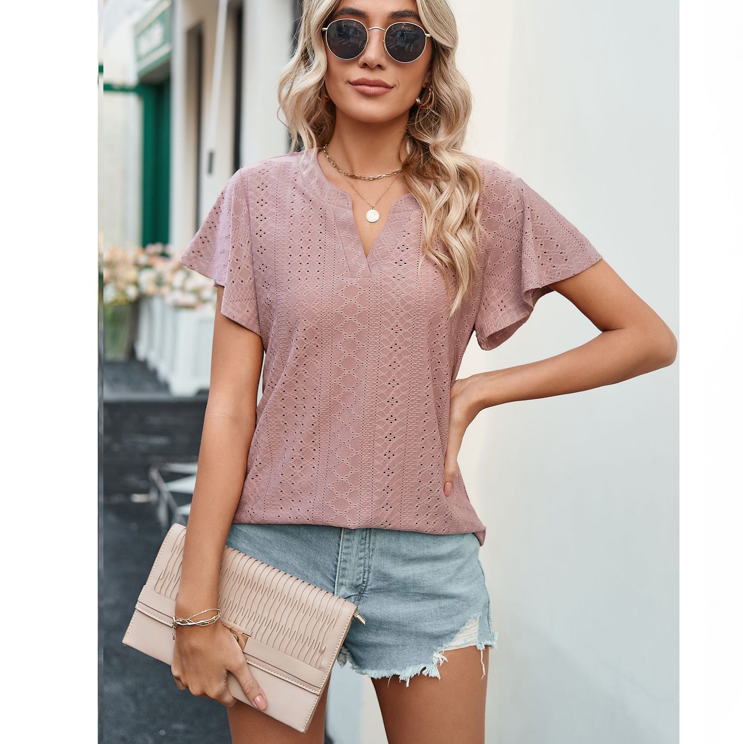 Women's Summer Ladies Solid Color Hollow Out Blouses