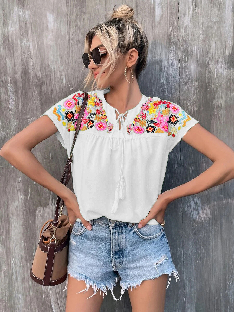 Women's Summer Embroidery Tassel Batwing Sleeve Shirt Blouses