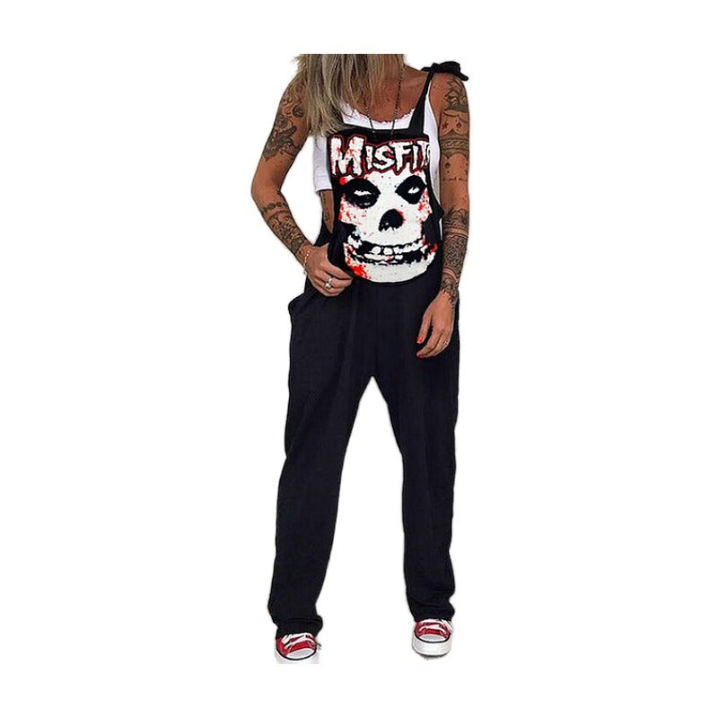 Unique Printed Skull Chrysanthemum Overalls Trousers Pants