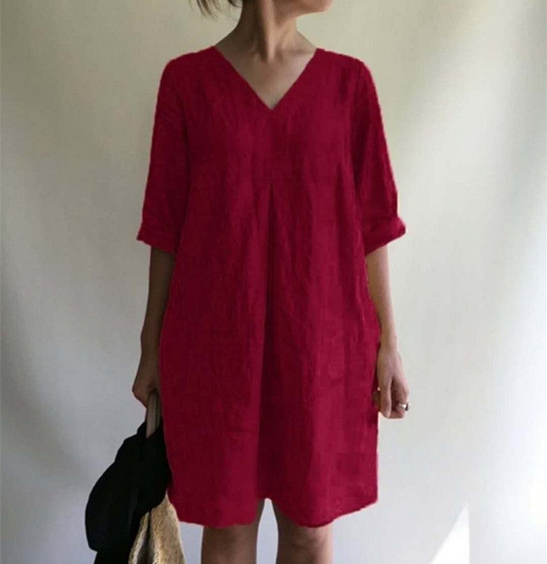 Women's Autumn Solid Color Cotton Linen 9-point Dresses