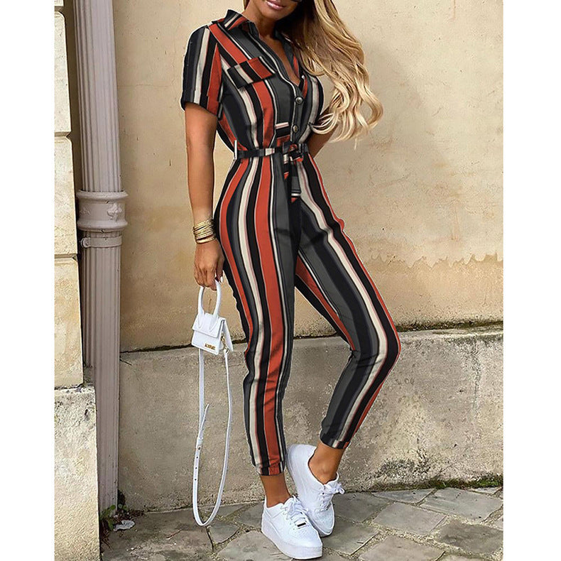 Women's Summer Casual Polo Collar Printed Belt Jumpsuits