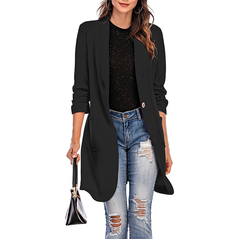 Women's Three-quarter Sleeve Mid-length Pocket Solid Color Blazers