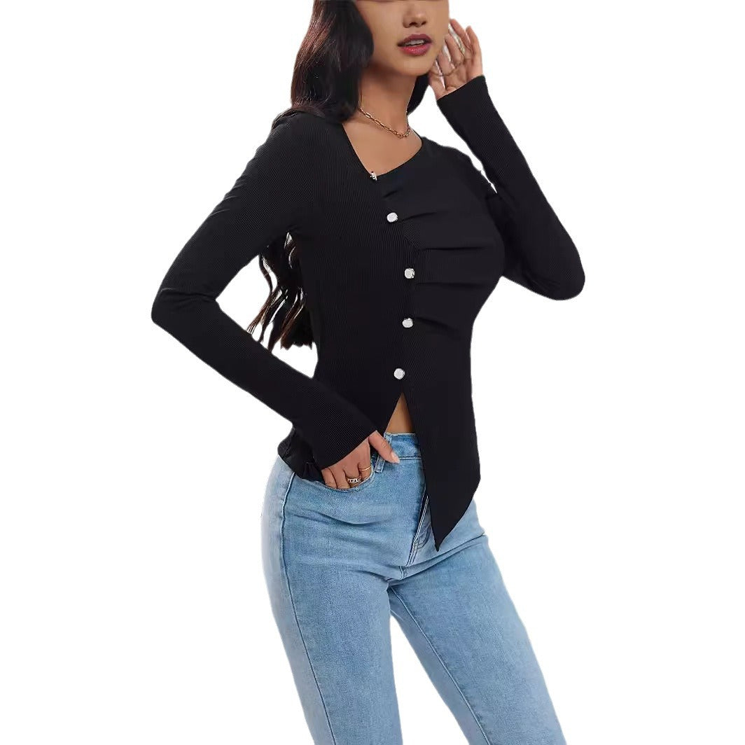 Damen Design Knopf Unregelmäßig Strick Bottoming Shirt Blusen