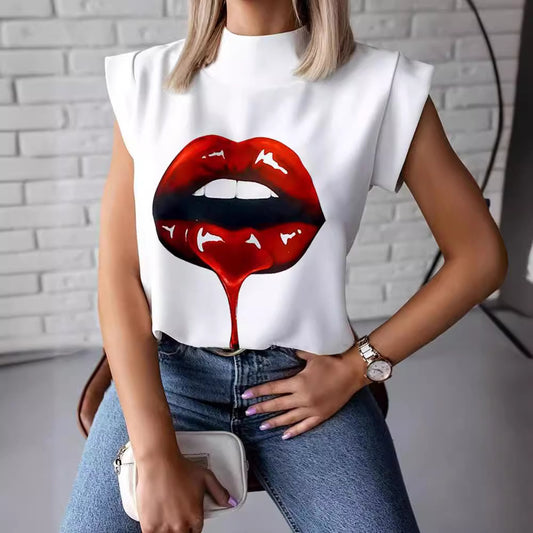 Women's Summer Simple Stand Collar Lip Printings Blouses