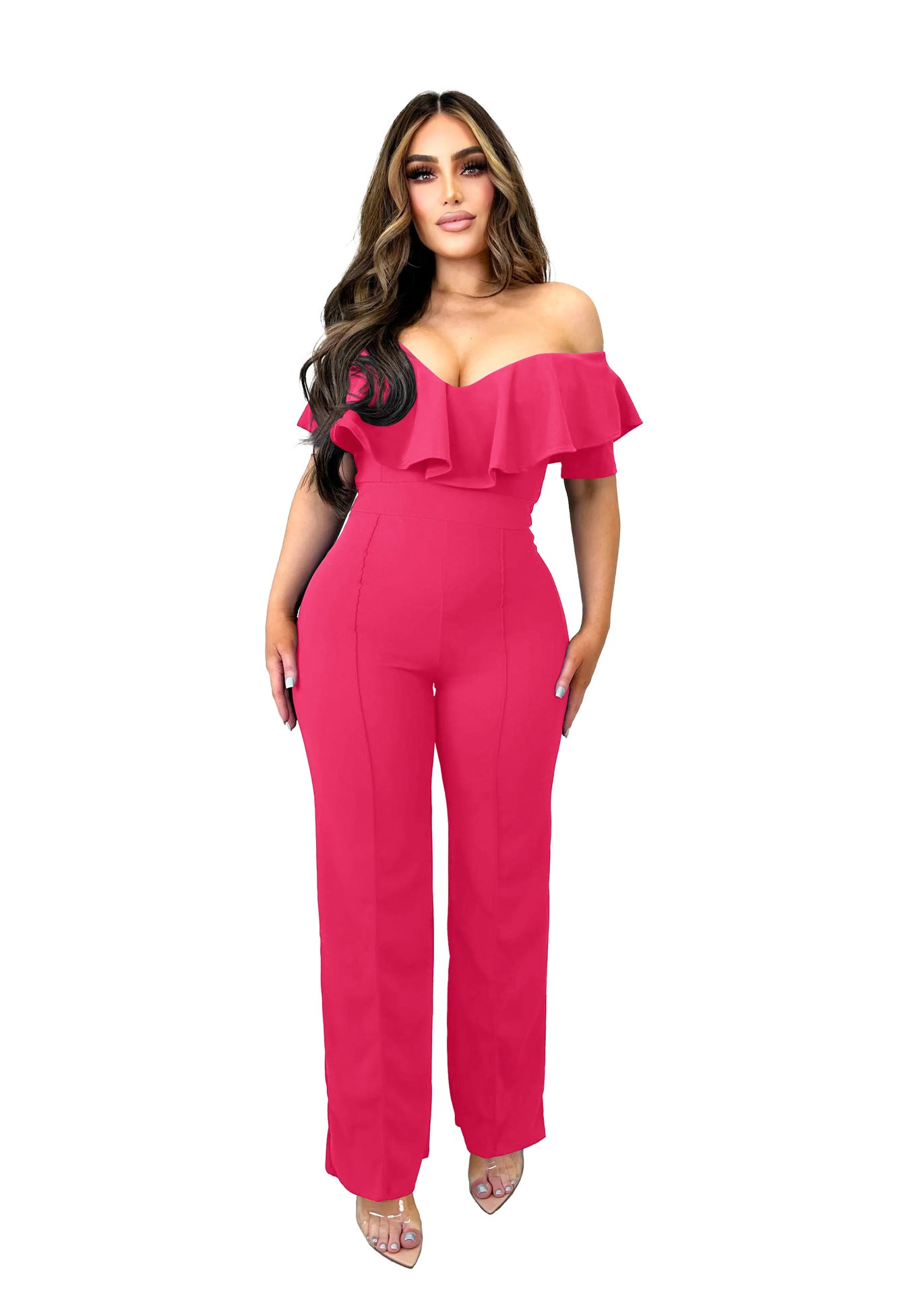 Glamouröser, sexy Jumpsuit mit Volant und Taillenbesatz für Damen