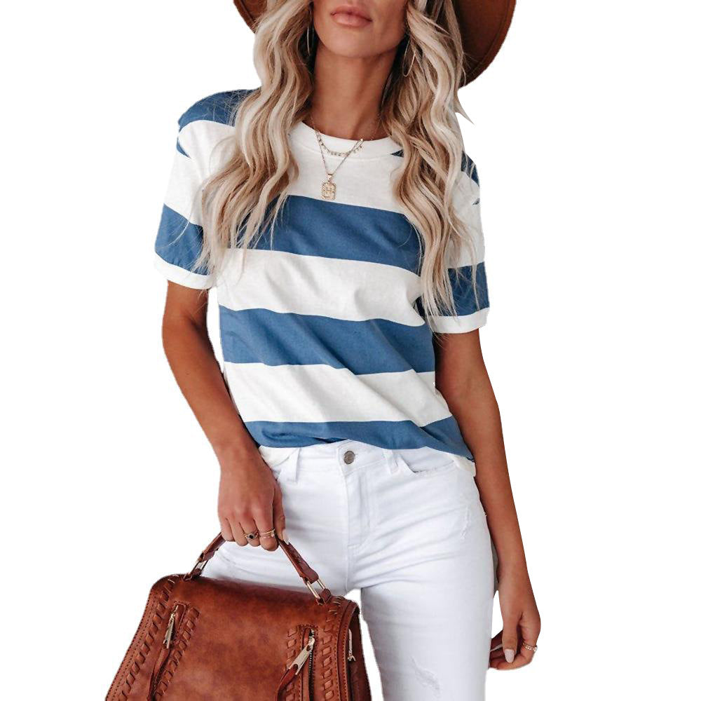 Women's White Striped Printed Round Neck Short-sleeved Blouses