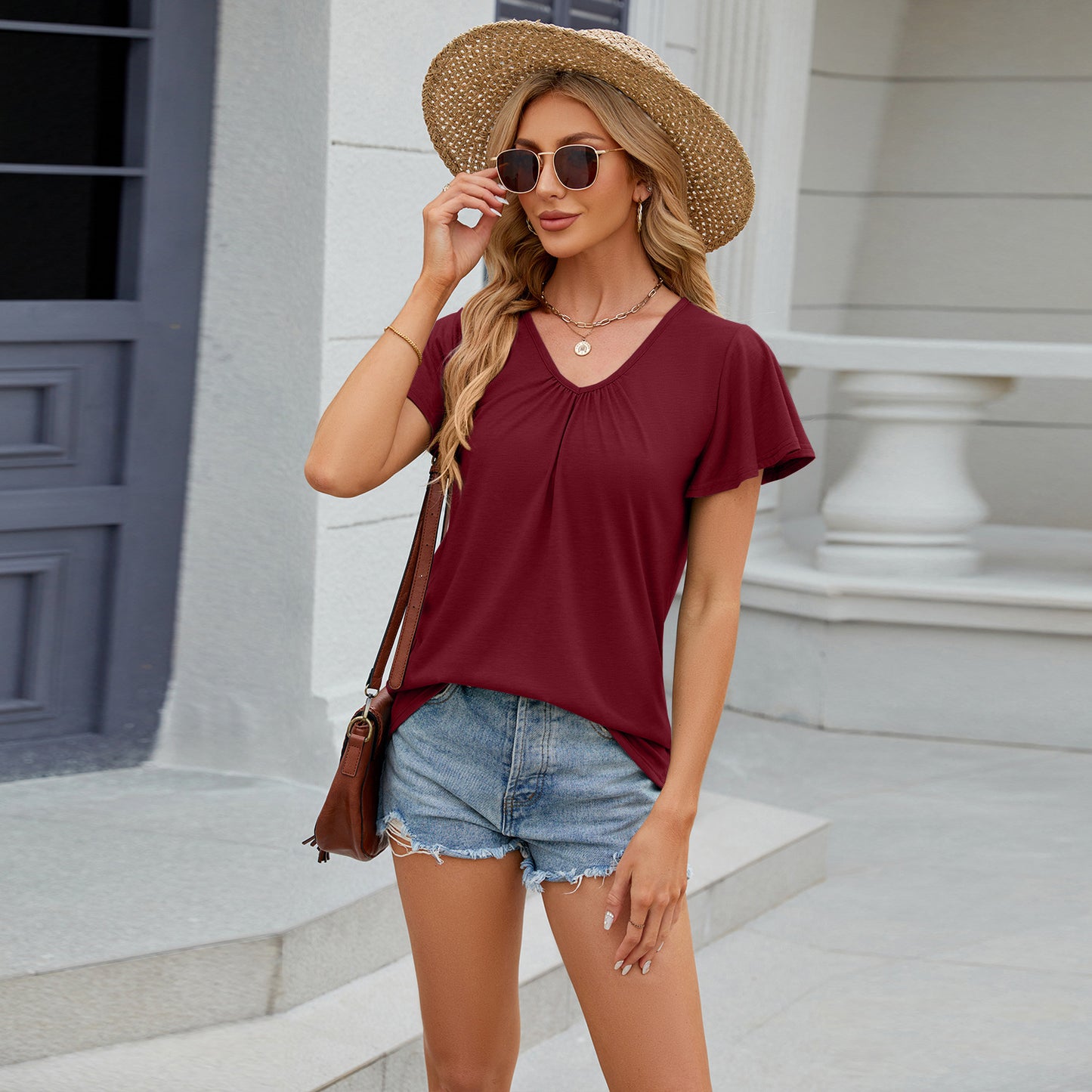 Solid Color Loose Sleeve T-shirt Ladies Blouses