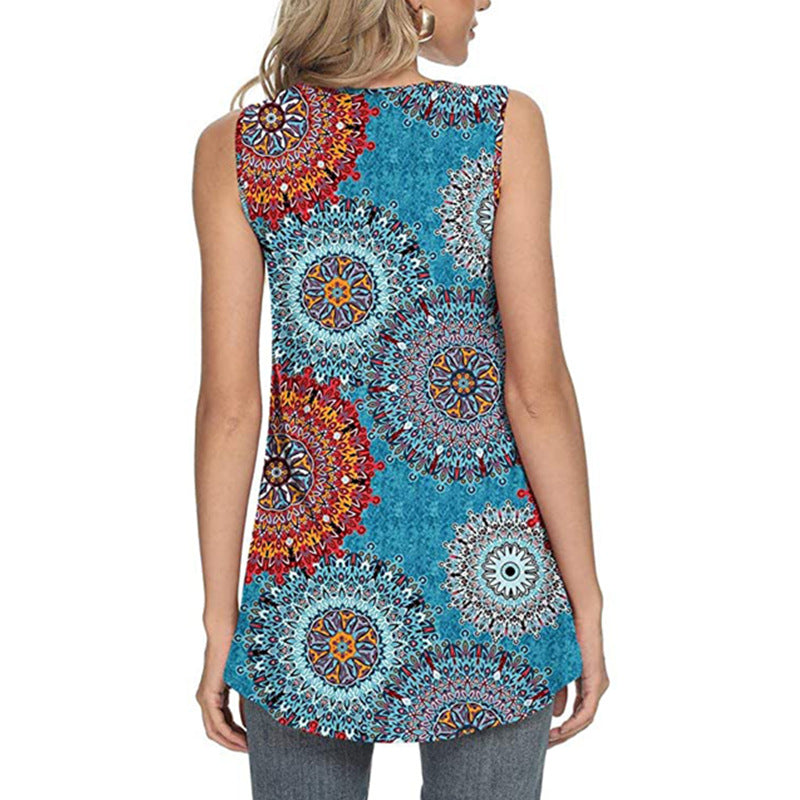 Women's Summer Printed Round Neck Pleated Sleeveless Blouses