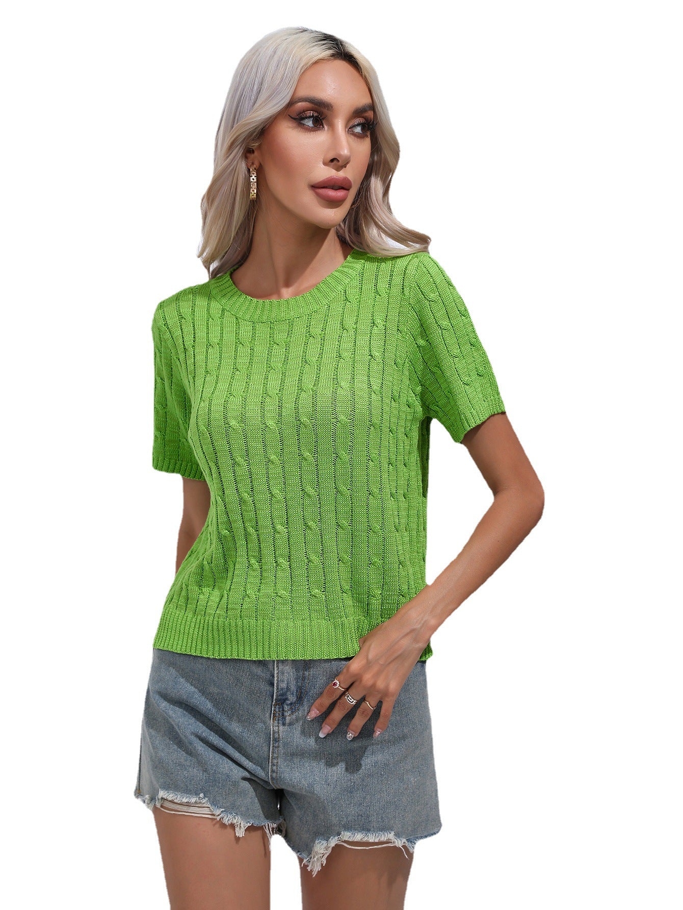 Women's Twist Short-sleeved Pullover Round Neck Solid Knitwear