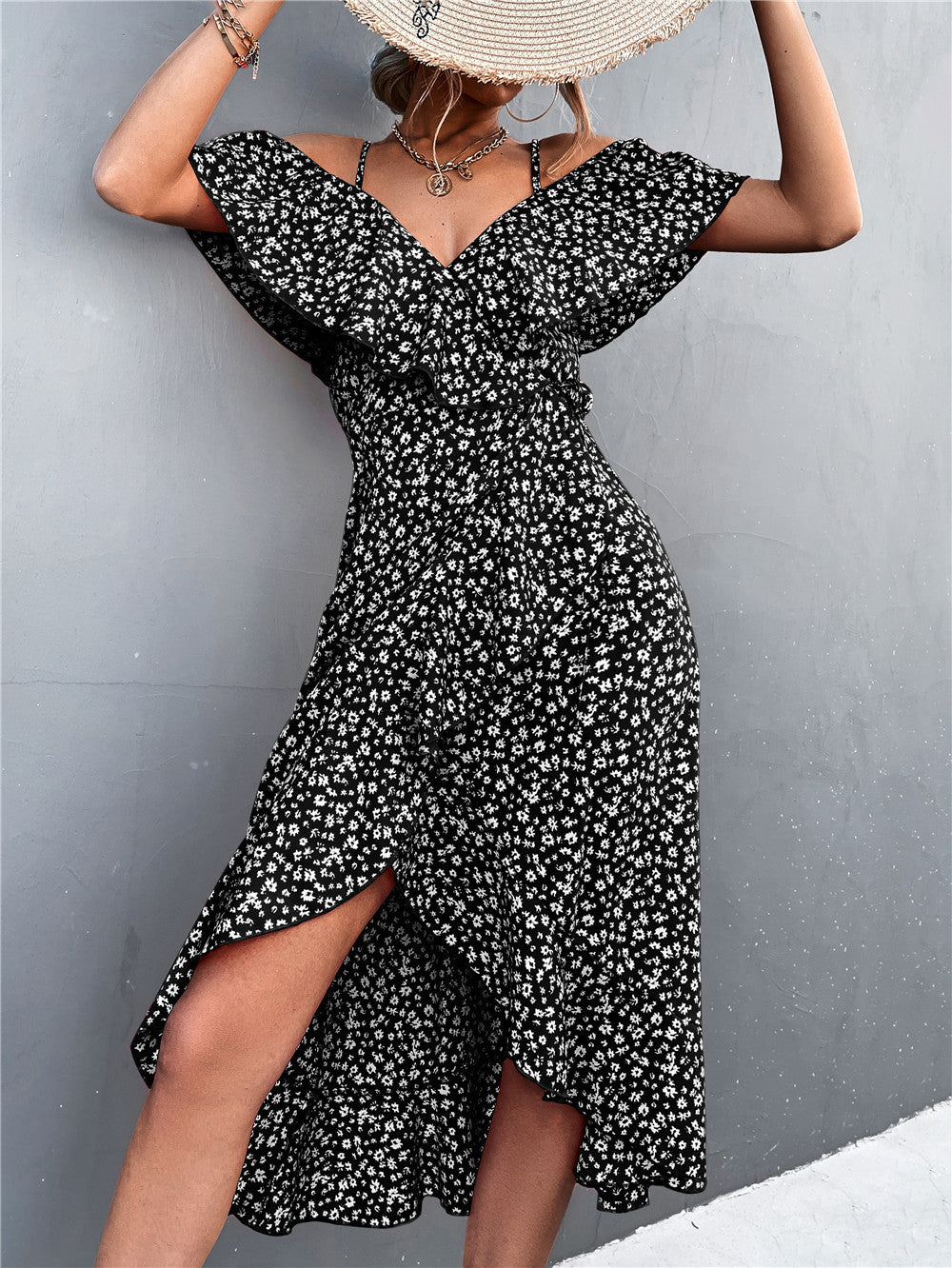 Women's Slim Floral Strap Dress Irregular Long Dresses