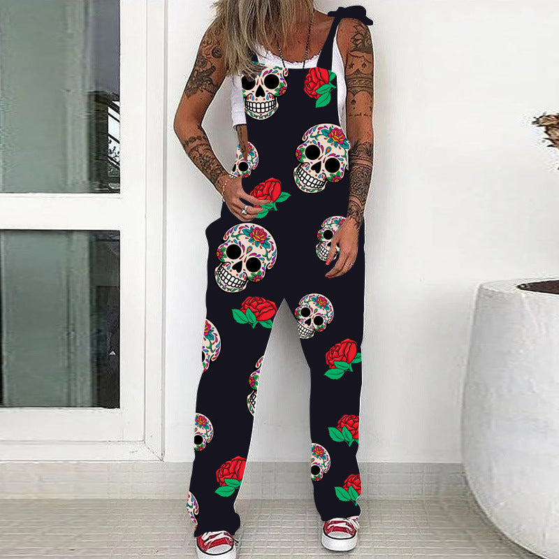 Women's Suspender Trousers Lace-up Skull Print Jumpsuits